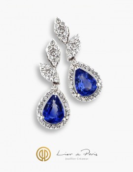18K White Gold Earrings, Sapphire &  Diamonds
