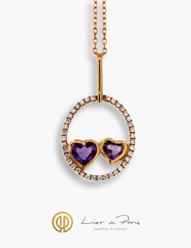 18K Pink Gold Pendant, Diamonds & Amethyst